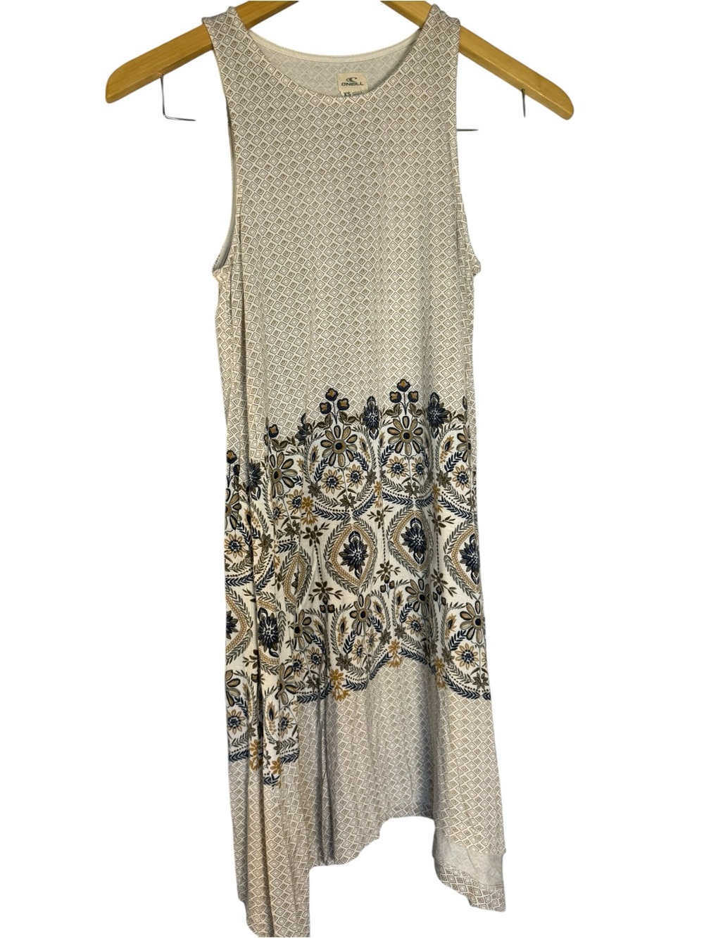 O'Neill Cream Asymmetrical Midi Dress with Navy & Gold Floral Border